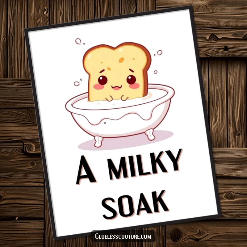 Funny poster of a bewildered piece of toast floating in a bathtub full of milk, its comical expression adding humor to wall decor.