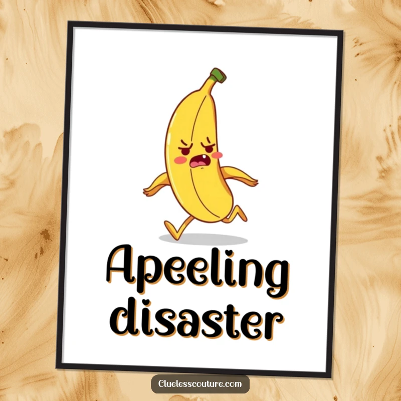 Funny banana character tripping over its own peel while running, a humorous art print for wall decor.
