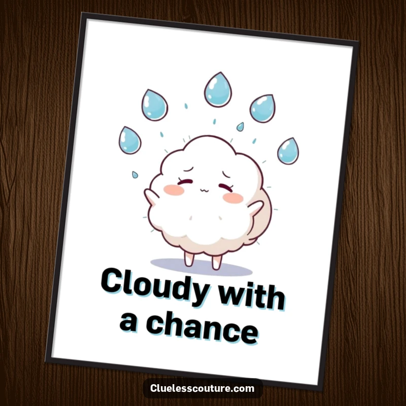 Funny poster showcasing a fluffy cloud character humorously juggling raindrops and looking overwhelmed, a charming and relatable piece of art.