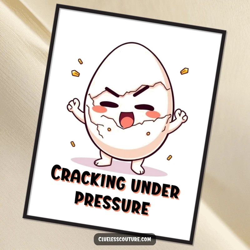 Funny poster of a determined egg character comically struggling to crack itself open for breakfast, conveying effort.