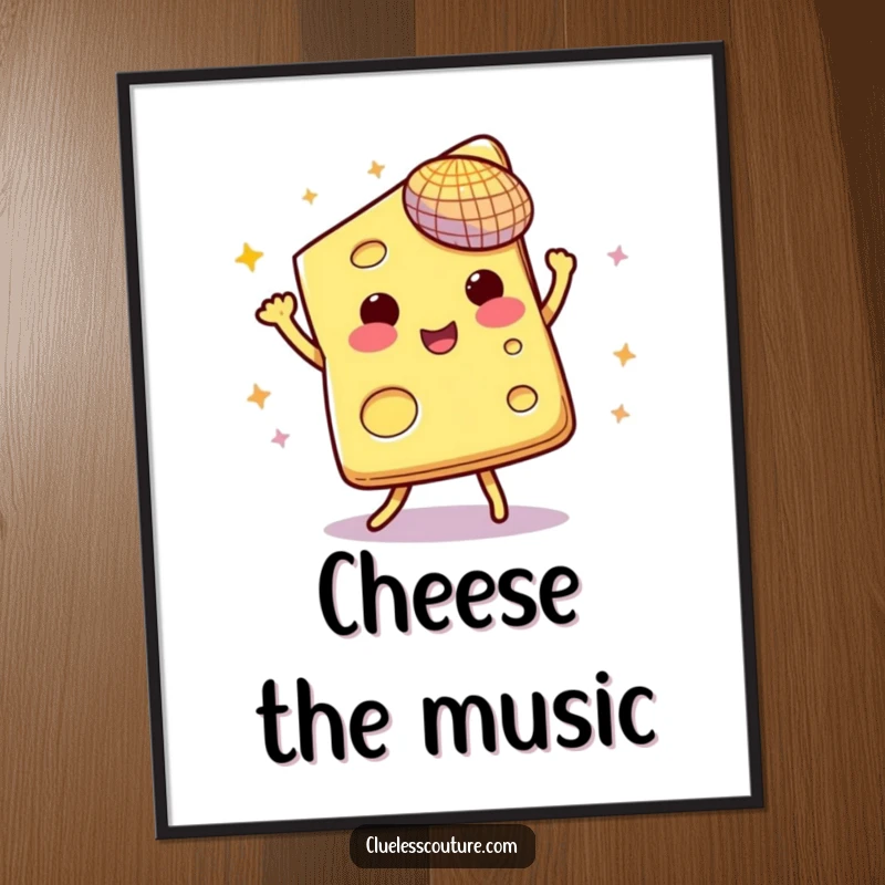 Funny poster art of a slice of cheese dancing under a tiny, reflective disco ball.
