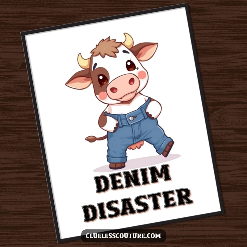 Funny poster featuring a bewildered cow humorously struggling to put on a pair of skinny jeans, a comical and artistic farm animal scene.