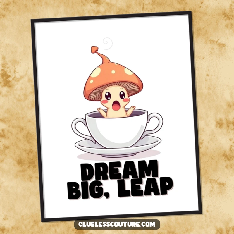 Funny poster print of a surprised mushroom leaping from a teacup, creating a steamy trail, enchanting and humorous art.