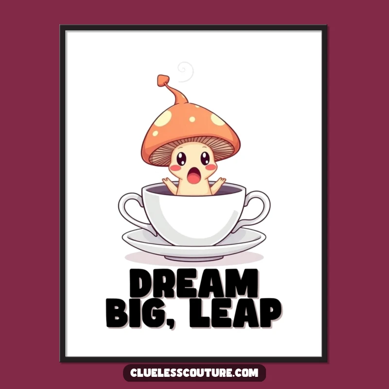 Funny Mushroom Teacup Poster: Surprised Leaper - Humorous Wall Art!