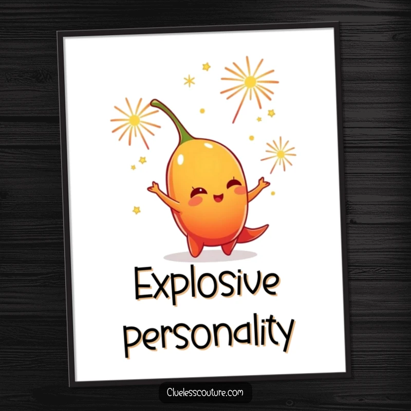 Funny poster of a chili pepper character skillfully juggling tiny, sparkling fireworks, a visually exciting and humorous scene.