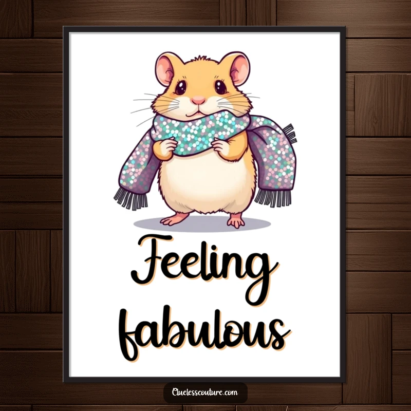 Funny poster showcasing a nervous hamster walking a fashion runway, adorned with a giant sequined scarf, a humorous and stylish piece of art.