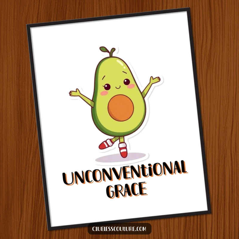 Funny poster artwork of a shy avocado character in mismatched socks, attempting a ballet pose, celebrating quirky performances.