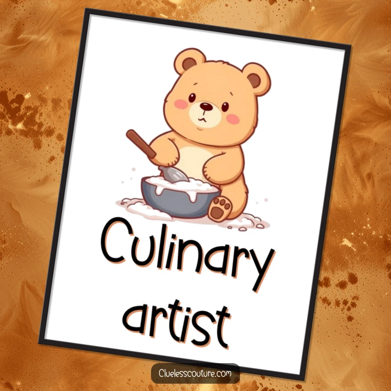 Funny poster illustration of a bear comically covered in flour during a baking attempt, a delightful piece of kitchen art.