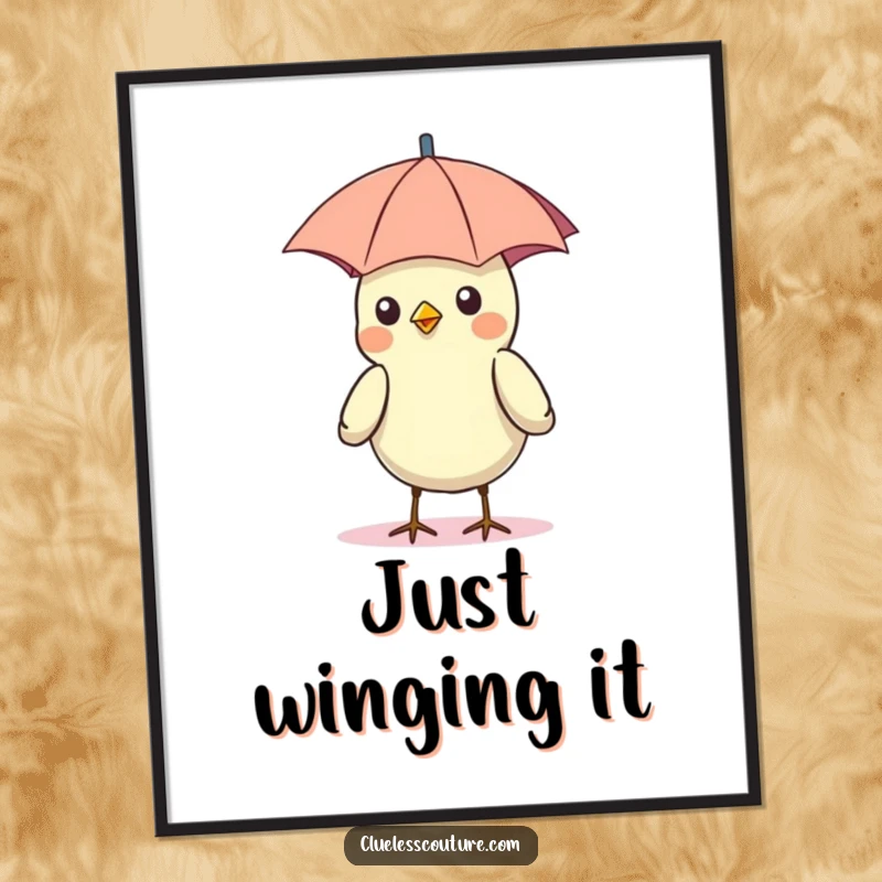 Funny poster art of a bird comically wearing a small umbrella as a hat, enjoying the bright sunshine.