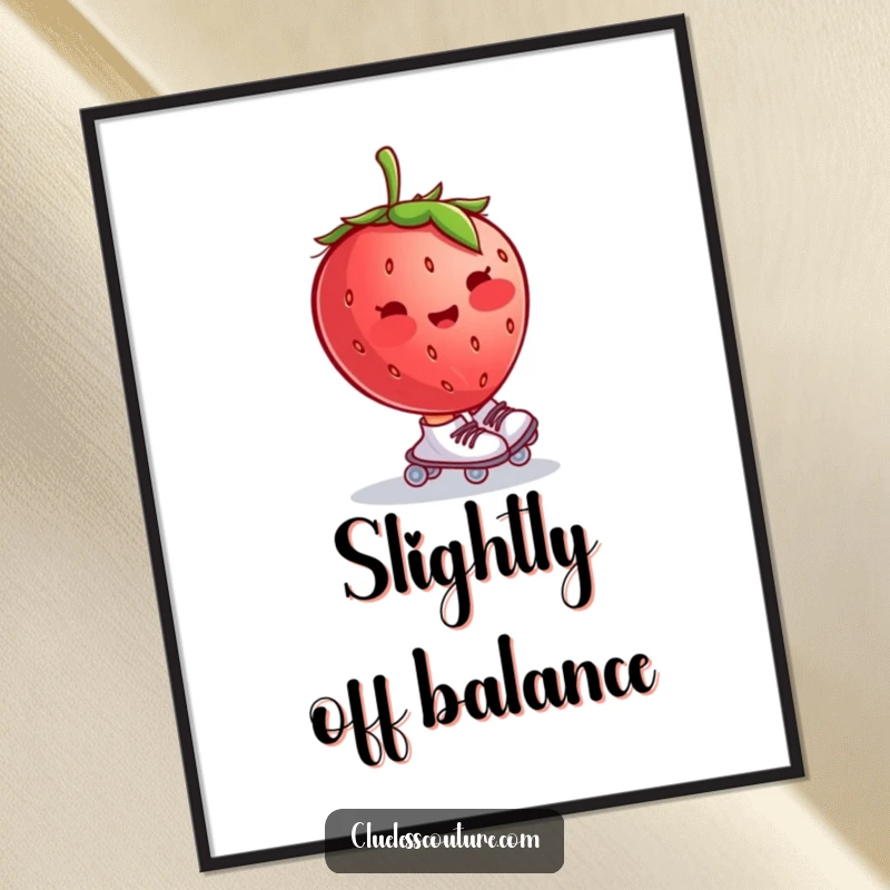 Funny poster art of a blushing strawberry wearing tiny roller skates and wobbling uncontrollably, bringing whimsical and humorous decor to any wall.