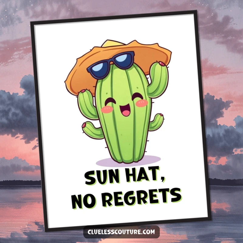 Funny poster art of a cheerful cactus character wearing an absurdly large and vibrant sun hat.