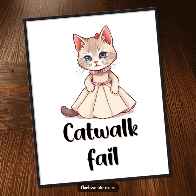 Funny poster of a cat struggling to fit into a miniature couture gown, perfect for humorous and stylish wall decor.