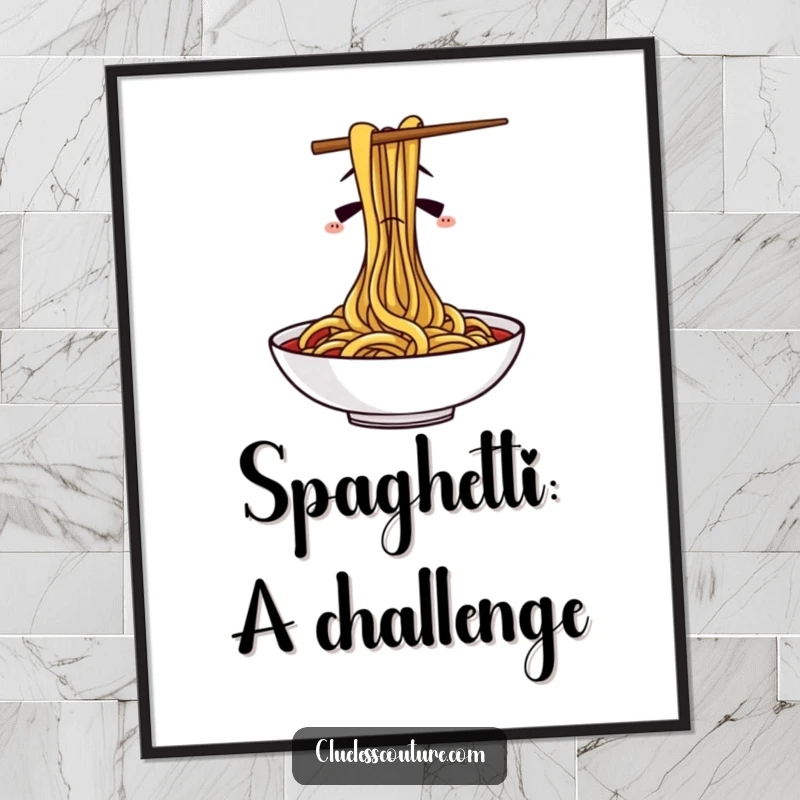 Funny poster illustrating confused chopsticks hilariously failing to eat spaghetti, adding a touch of quirky humor to wall decor.