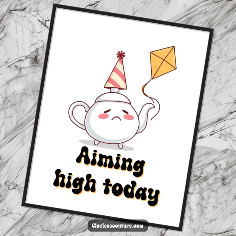 Funny poster art of a confused teapot in a party hat attempting to fly a kite, bringing whimsical and humorous decor to any wall.