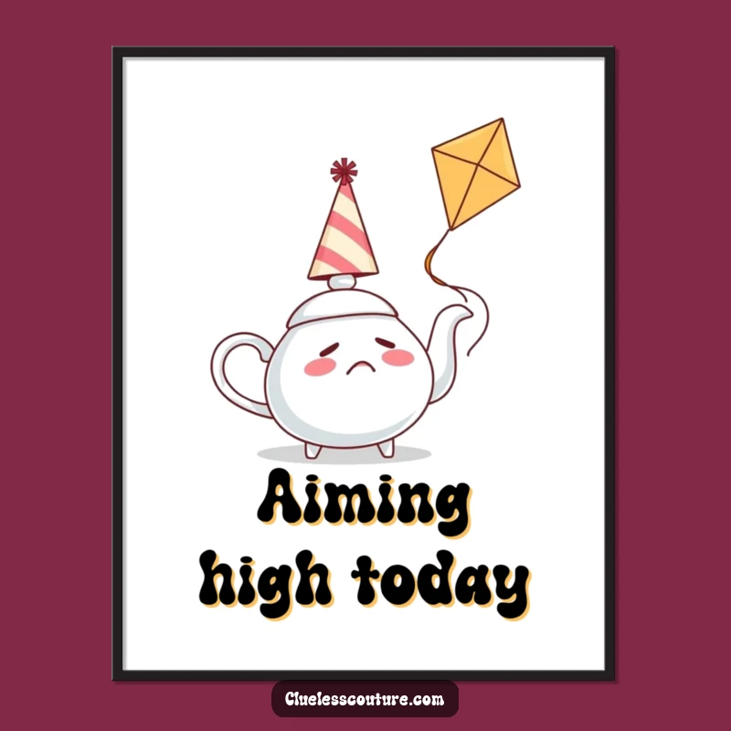 Funny Confused Teapot Flying Kite Poster, Quirky Wall Art Gift