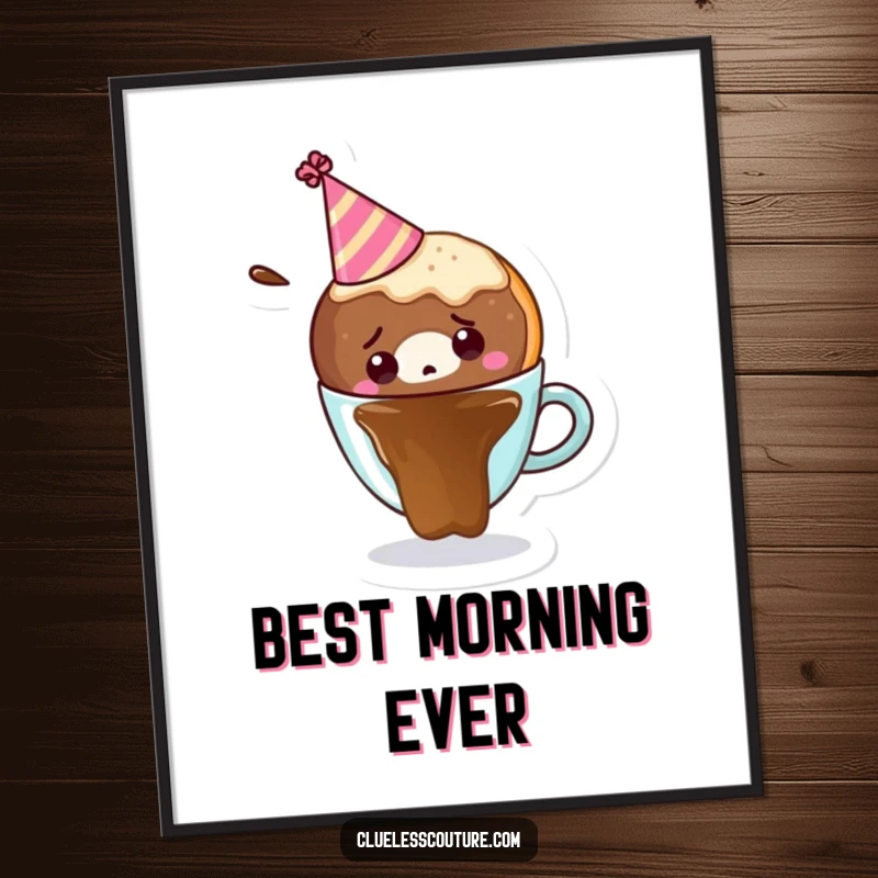 Funny poster artwork of a confused donut wearing a party hat, falling into a coffee cup, celebrating breakfast blunders.