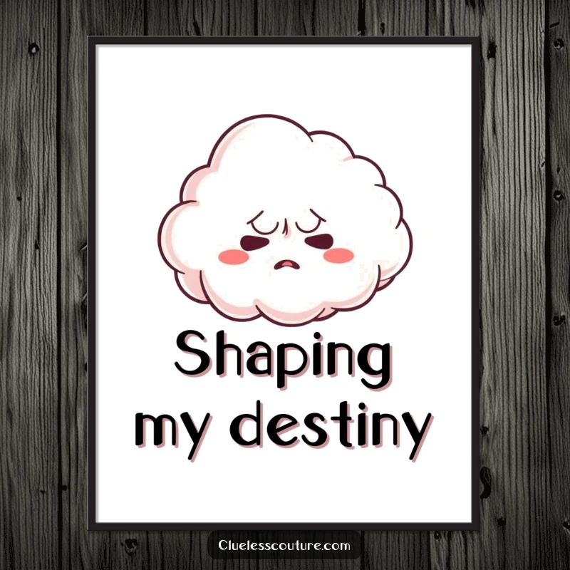 Funny poster art of a nervous cloud character trying to form a shape, representing uncertainty and gentle effort, a funny gift.