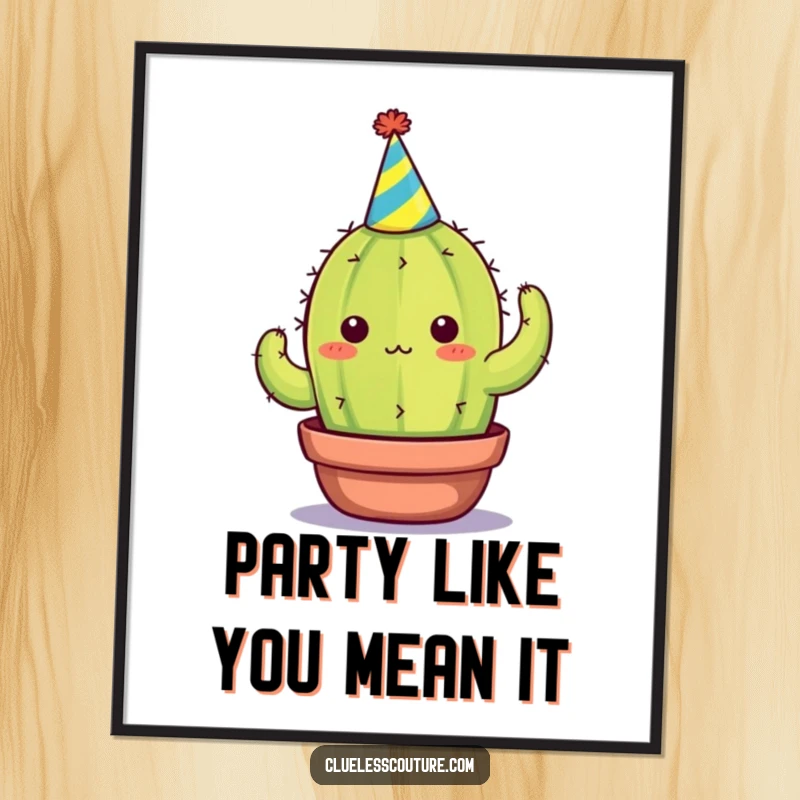 Funny poster art of a cactus wearing a party hat, looking completely overwhelmed and stressed, a unique funny gift.