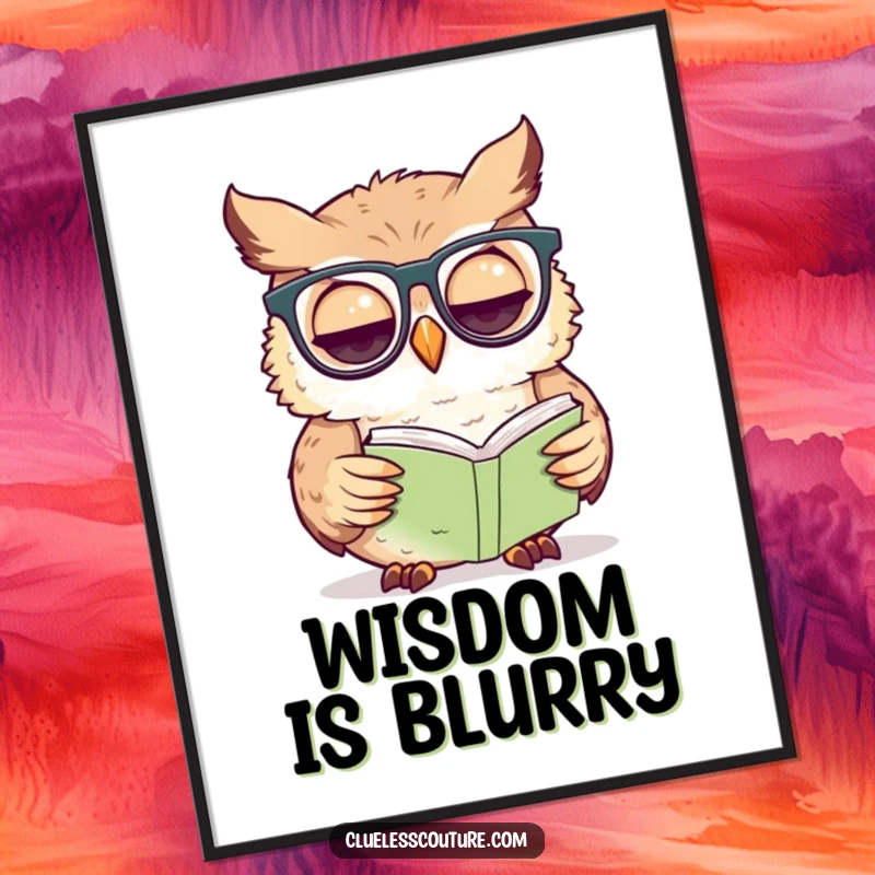 Funny owl poster showcasing a bewildered owl wearing glasses, trying to decipher a tiny book, adding intellectual humor to decor.