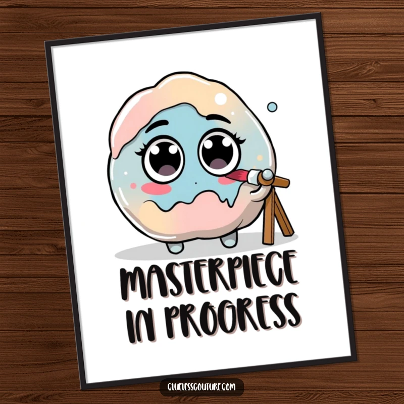 Funny poster art of a paint blob with googly eyes hilariously attempting to paint itself, a humorous take on artistic creation.