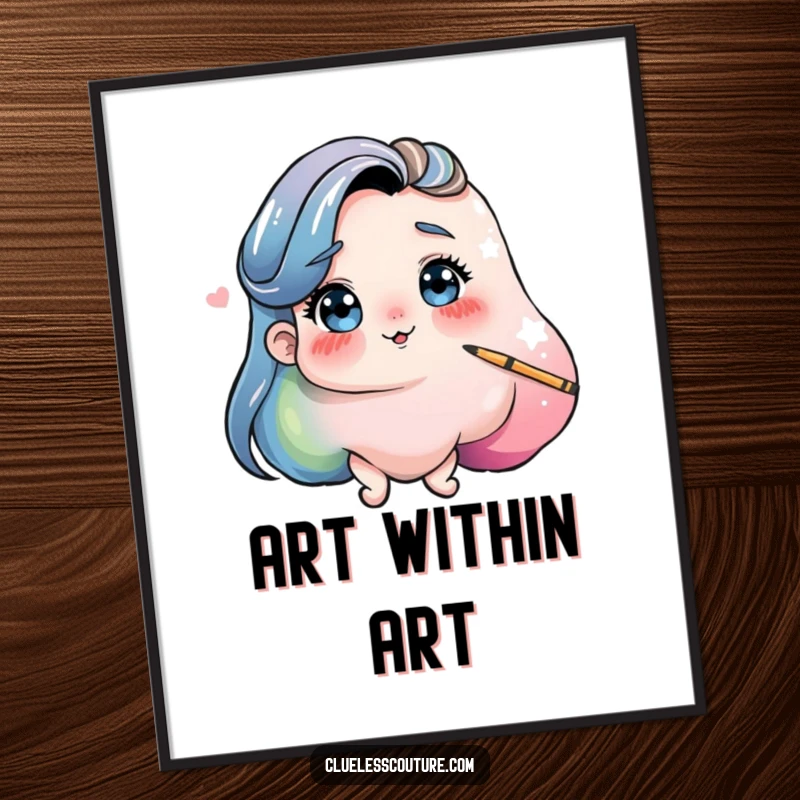 Funny poster of a playful blob of paint comically attempting to paint its own self-portrait, quirky wall art.