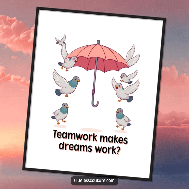 Funny surprised pigeons attempting to fly in opposite directions from a single, tiny umbrella, a humorous piece of art for this poster.