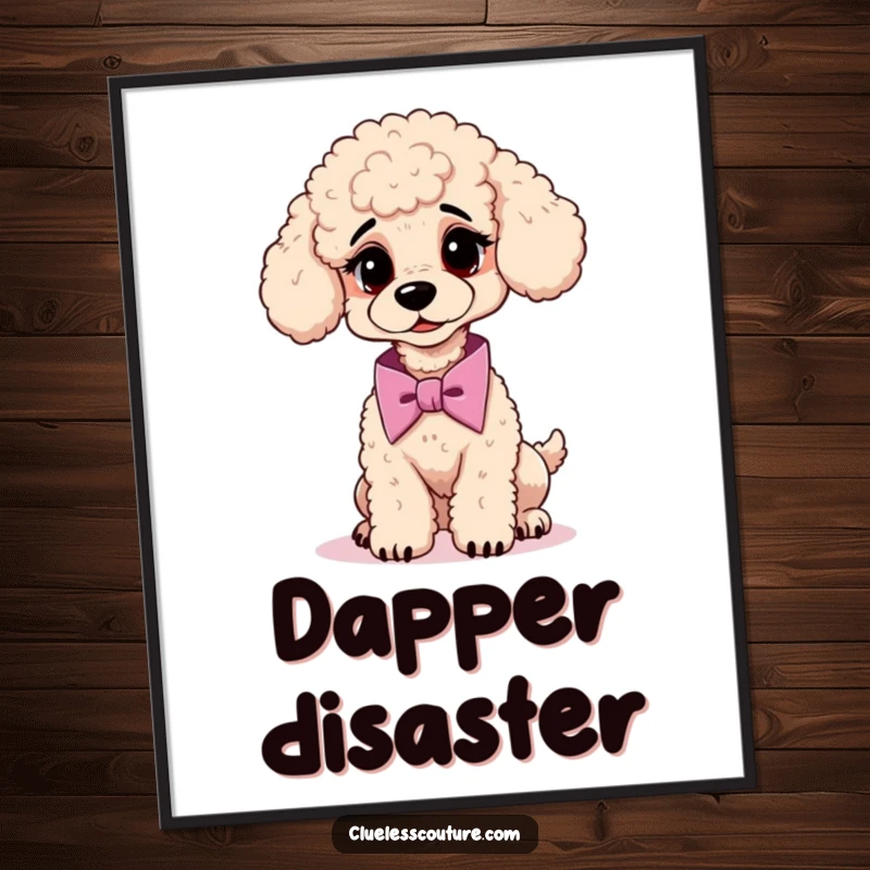 Funny poster of a confused poodle trying to tie a cravat, perfect for humorous and sophisticated wall decor.