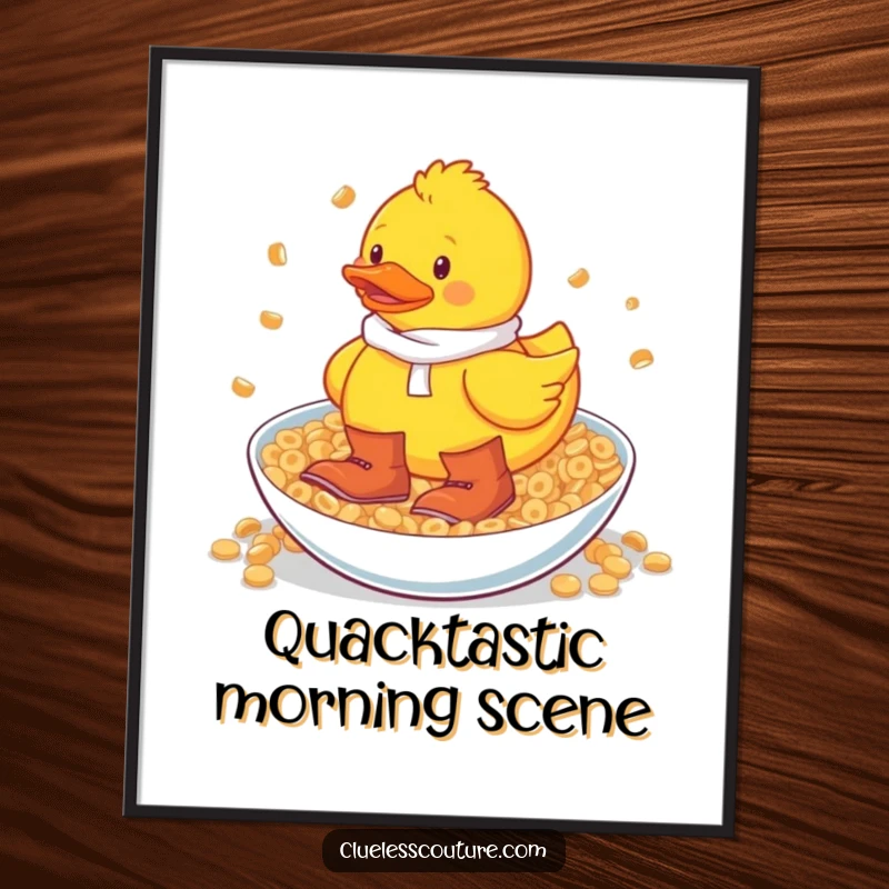 Funny rubber duck in oversized boots wading through a huge bowl of breakfast cereal, displayed as wall art.