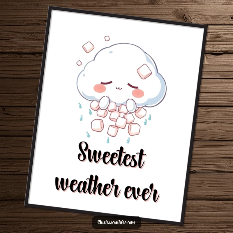 Funny poster depicting a sleepy anthropomorphic cloud character showering fluffy marshmallows in a delightful, unexpected meteorological event.