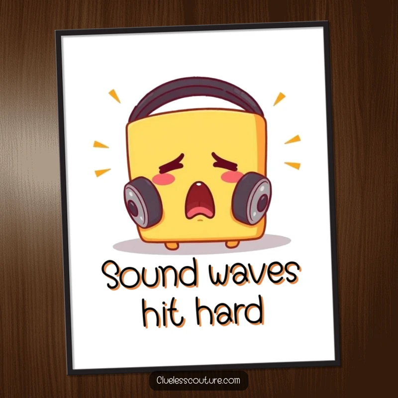 Funny poster of a startled cheese block with oversized headphones, eyes wide with shock and delight at loud music, ready to hang.