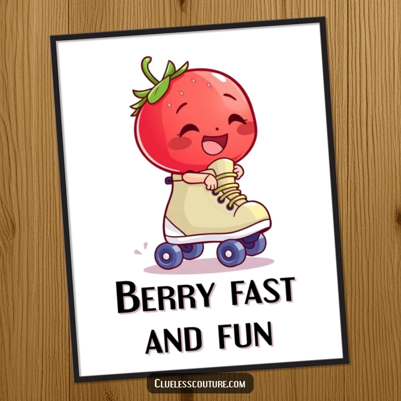 Funny giggling strawberry character riding a runaway roller skate, a humorous art print for display.