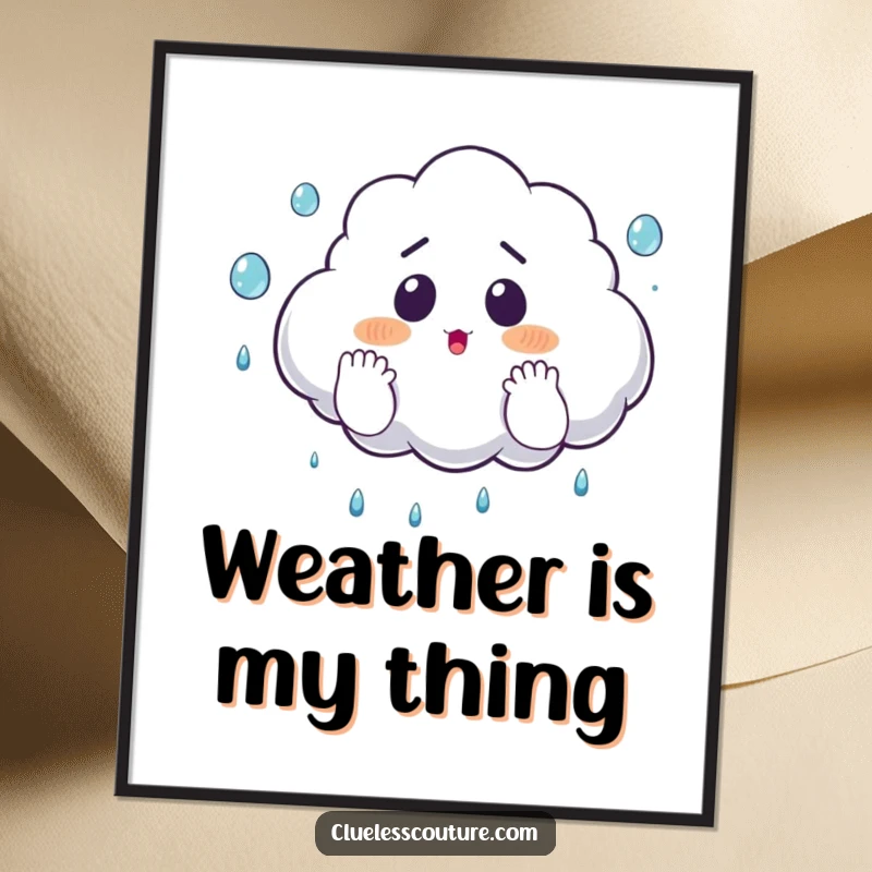 Funny poster art of a surprised cloud comically juggling raindrops with its fluffy hands, bringing whimsical and humorous decor to any wall.