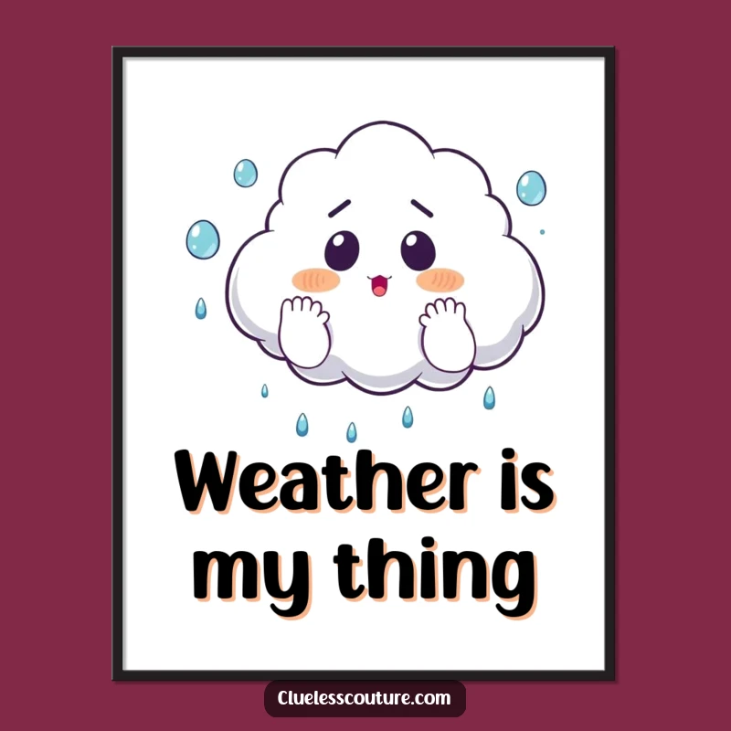 Funny Surprised Cloud Juggling Raindrops Poster, Quirky Wall Art