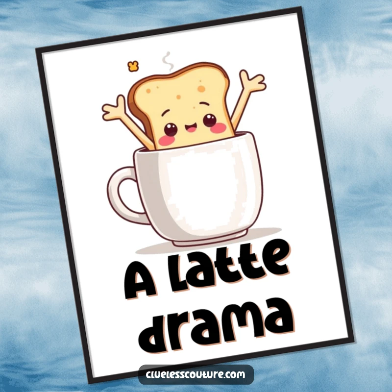 Funny poster showcasing a sentient toast slice character comically falling into a large coffee mug, arms flailing, a humorous piece of art.