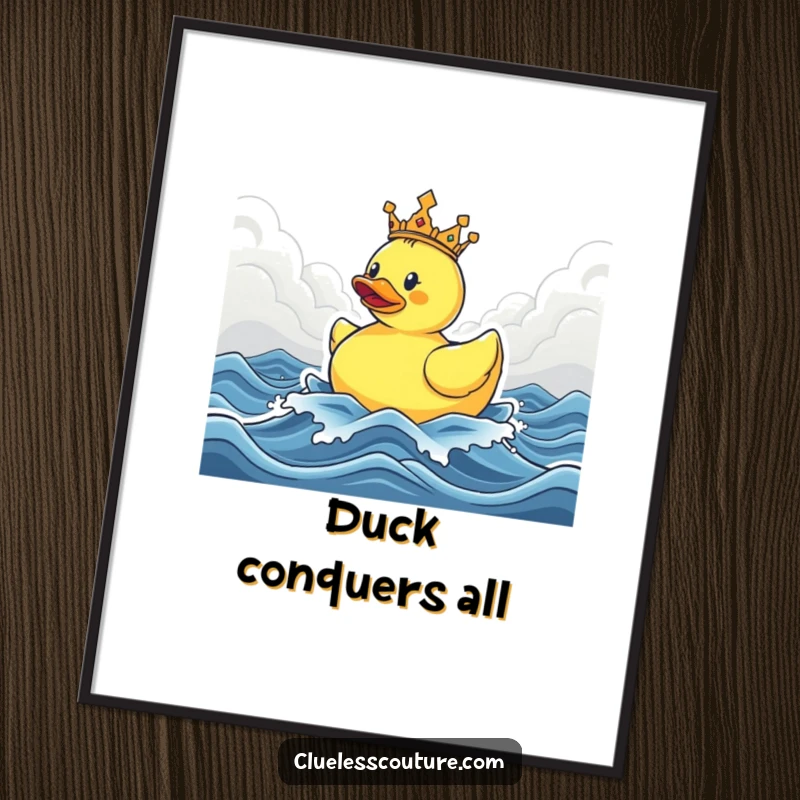 Funny poster displaying a crowned rubber ducky triumphantly navigating stormy seas, a humorous piece of wall art for any space.