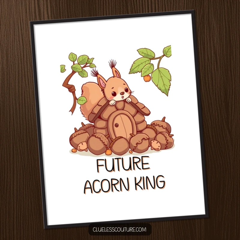 Funny poster illustration of a squirrel earnestly trying to construct a house from giant acorns, highlighting his determined, yet funny, effort.