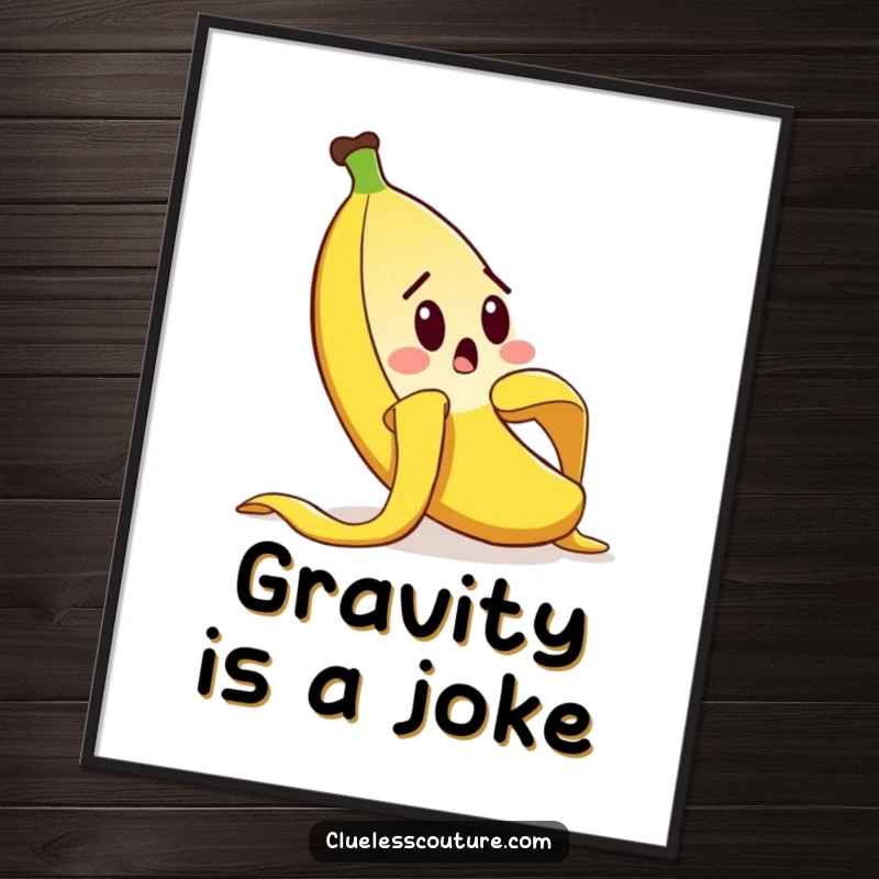 Funny poster art of a surprised banana peel character comically slipping, representing classic slapstick and unexpected falls, a funny gift.
