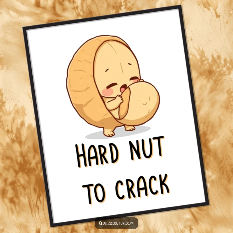 Funny poster showcasing a determined peanut making a valiant attempt to crack a surprisingly large nut.