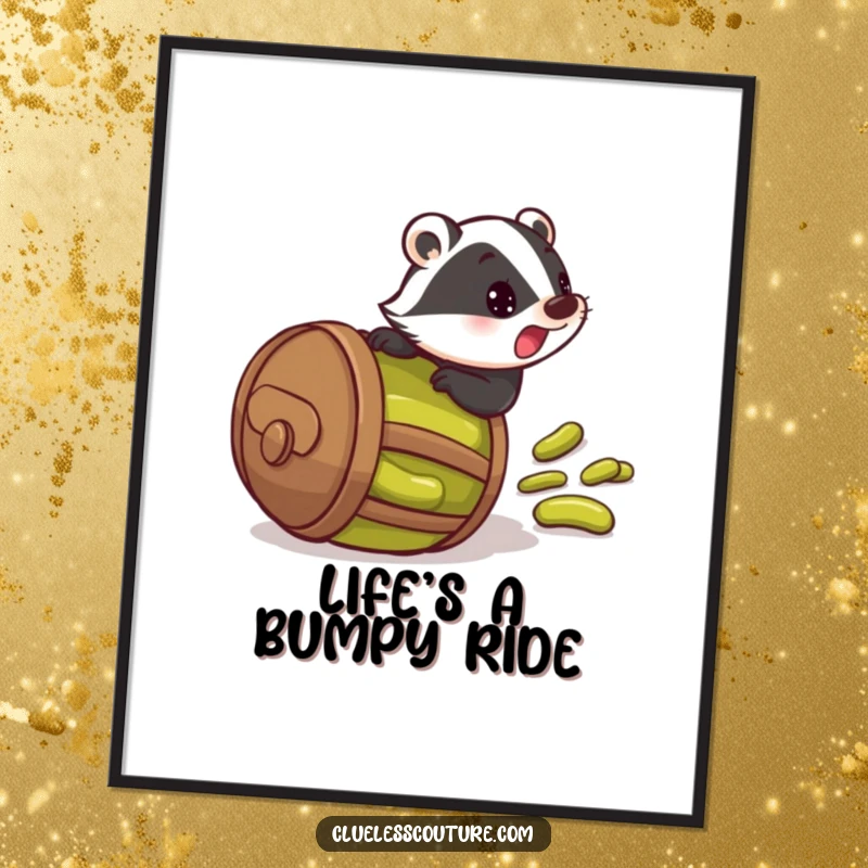 Funny poster print of a startled badger rolling downhill in a barrel overflowing with pickles, bizarre and humorous art.