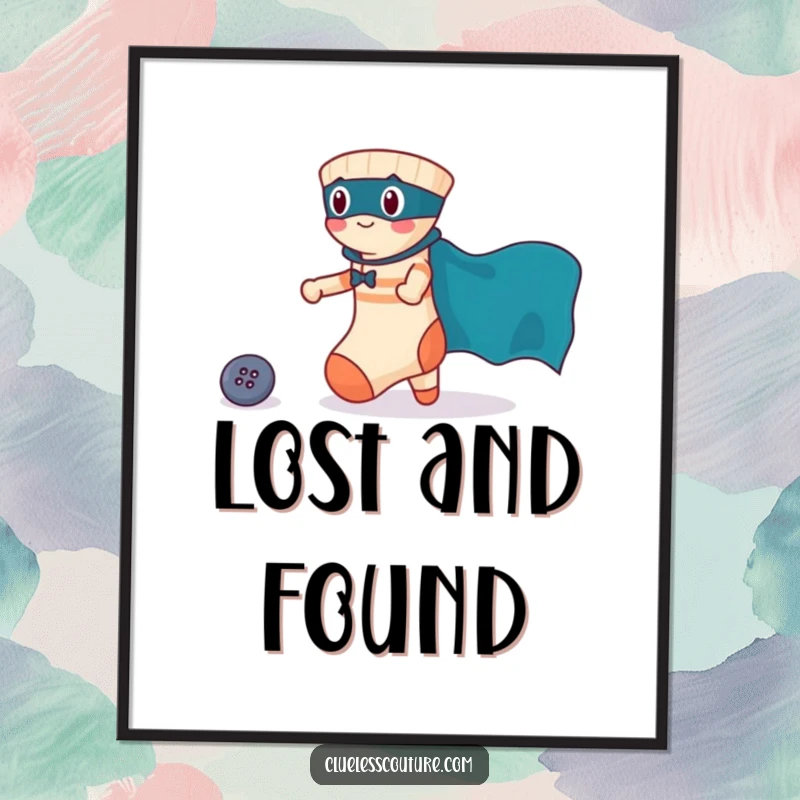 Funny poster art of a brave sock with a superhero cape rescuing a lost button, symbolizing courage and lightheartedness.