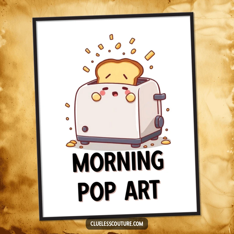 Funny poster artwork of a nervous toast popping out of a toaster with crumbs flying, offering a humorous and chaotic breakfast visual.