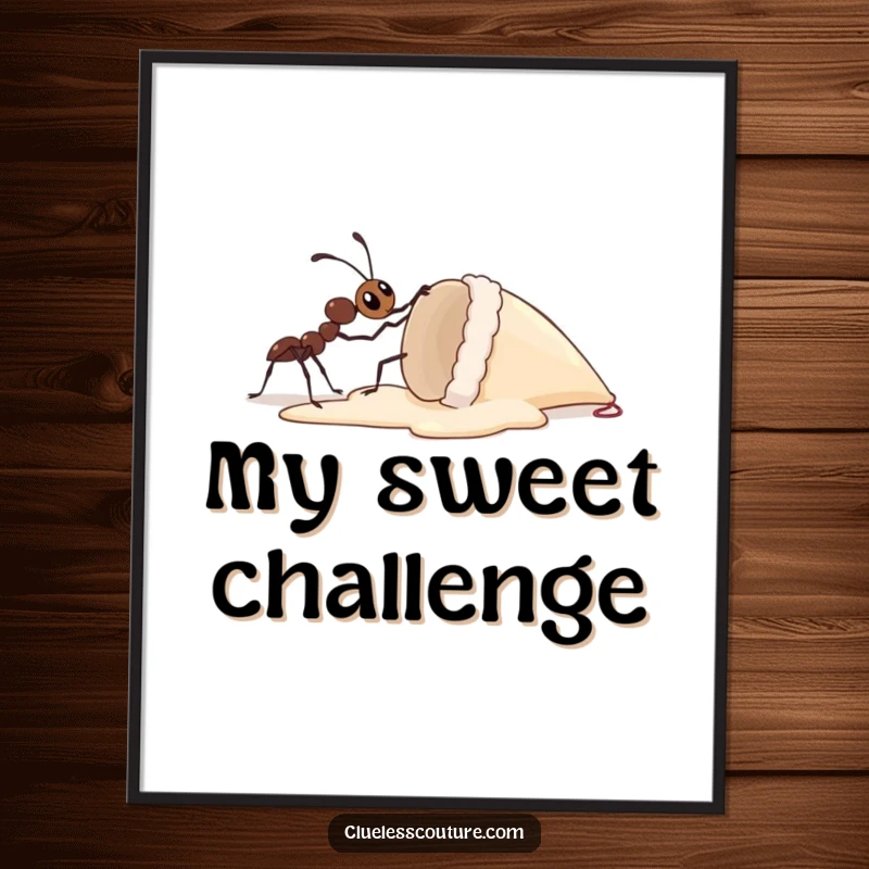 Funny poster of a curious ant engaged in lifting a gigantic dropped ice cream cone, emphasizing the humor in its immense, solitary effort.