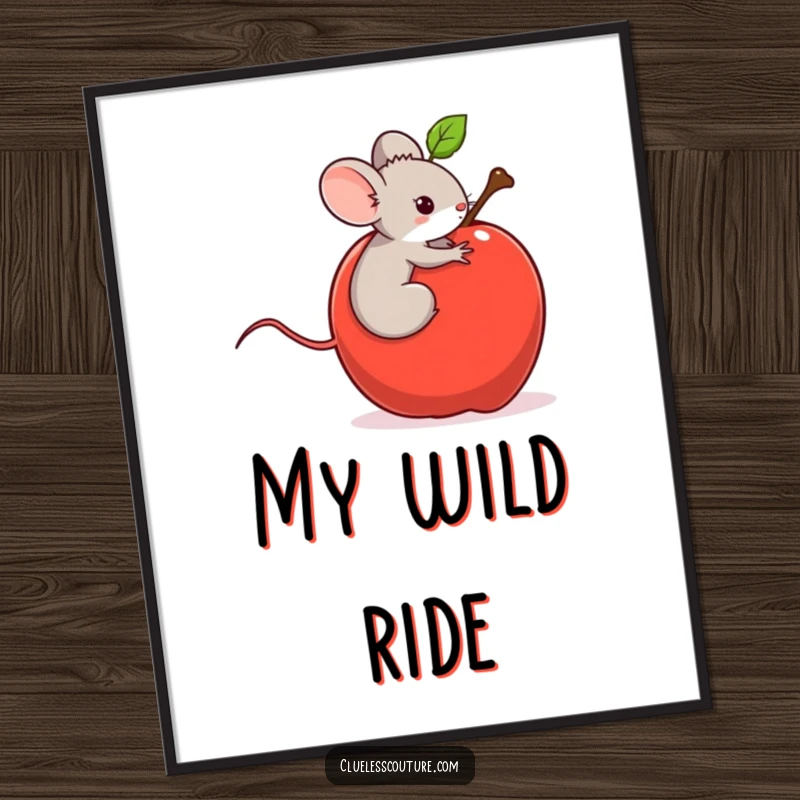 Funny poster capturing a tiny mouse unexpectedly riding a runaway rolling apple, its journey looking both perilous and exhilarating.