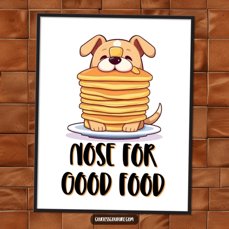 Funny poster of a dog intensely trying to keep a stack of pancakes balanced precisely on the tip of its nose.
