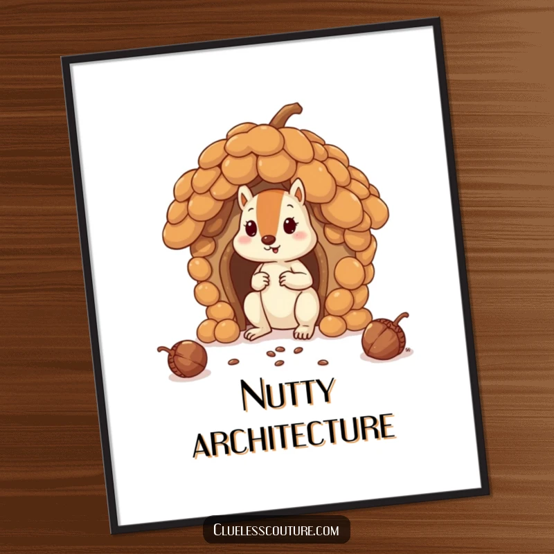 Funny squirrel hilariously attempts to build a house with oversized acorns, on a vibrant poster, perfect as a funny gift.
