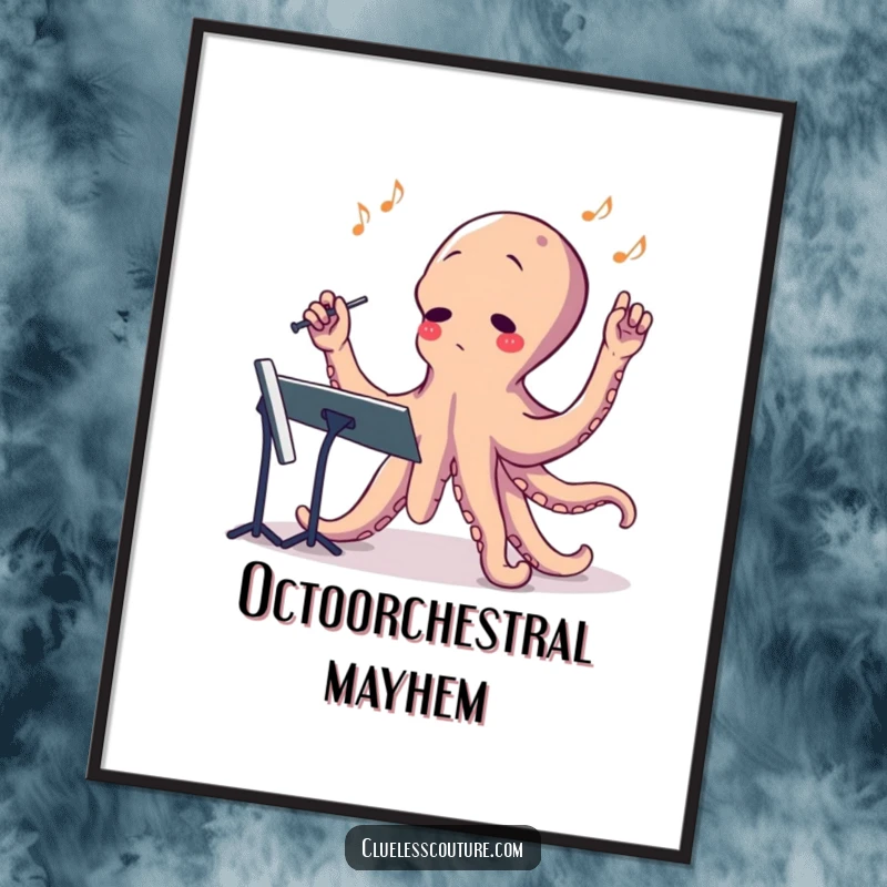 Funny poster art illustrating a confused octopus comically conducting a symphony with all its tentacles, perfect for music lovers.
