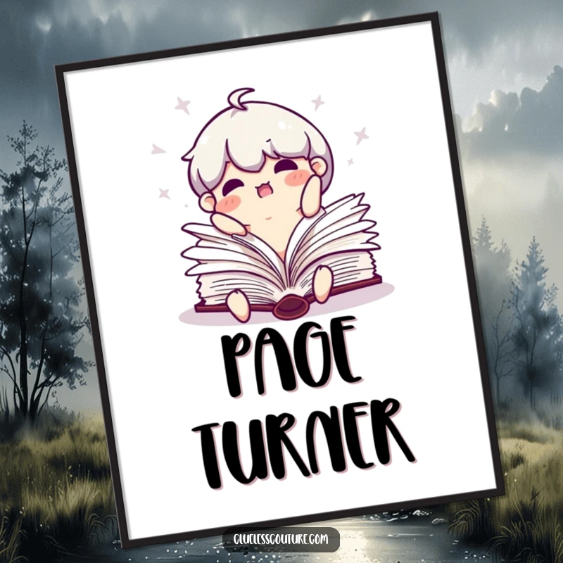 Funny poster showcasing a clumsy book character falling open with pages flailing dynamically.