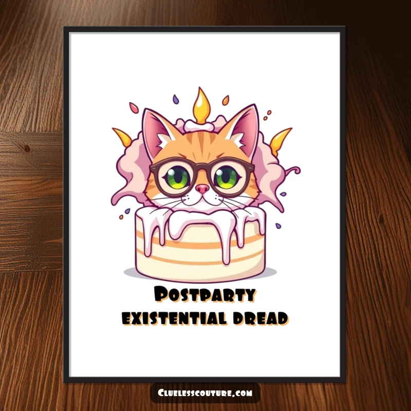 Funny bewildered cat wearing oversized spectacles peeking from behind a giant, exploding cake, a humorous piece of art for this poster.