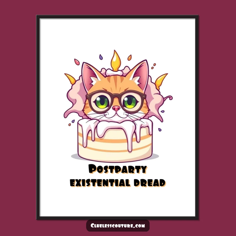 Funny Bewildered Cat Poster, Exploding Cake Art, Hilarious Home Decor