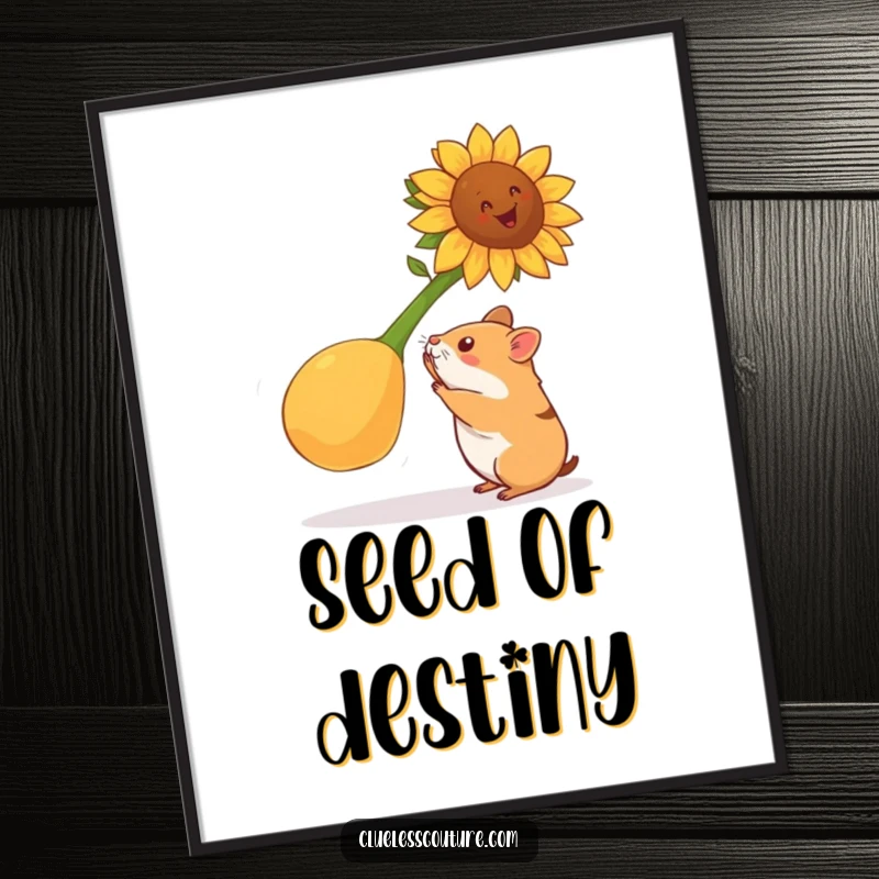 Funny hamster poster depicting a hamster attempting to lift a gigantic sunflower seed, ideal for motivational and humorous wall decor.